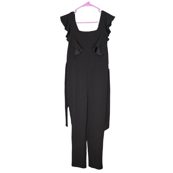 AQUA Cap Sleeve Square Neck Straight Leg Jumpsuit Black Women’s Sz M - Picture 2 of 6